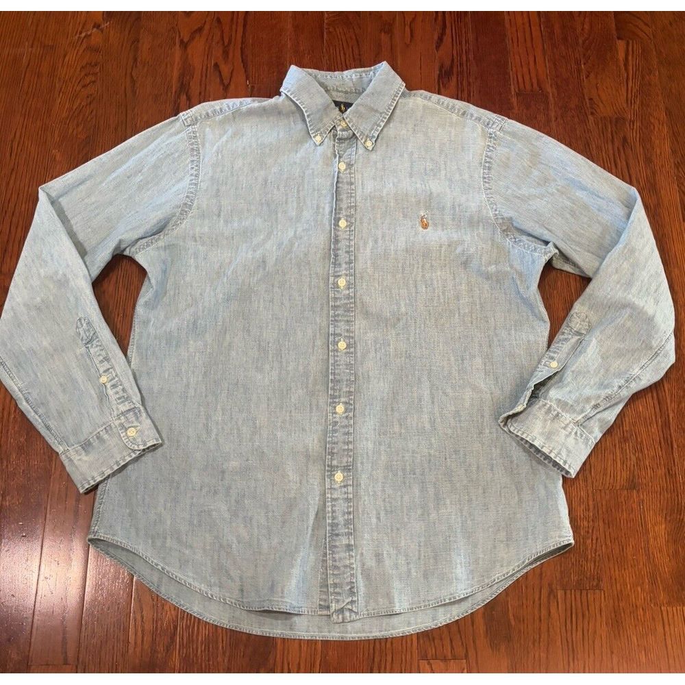 Polo Ralph Lauren Shirt Men Extra Large Blue Slim Chambray Oxford Pony Casual